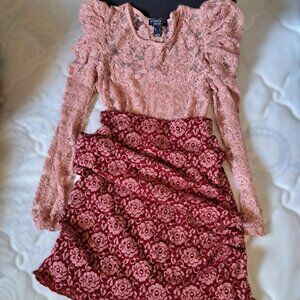 Lot of 2 M/L Top [New] Skirt [US Made] - Puff LS Lace Rose Design Blouse & Skirt